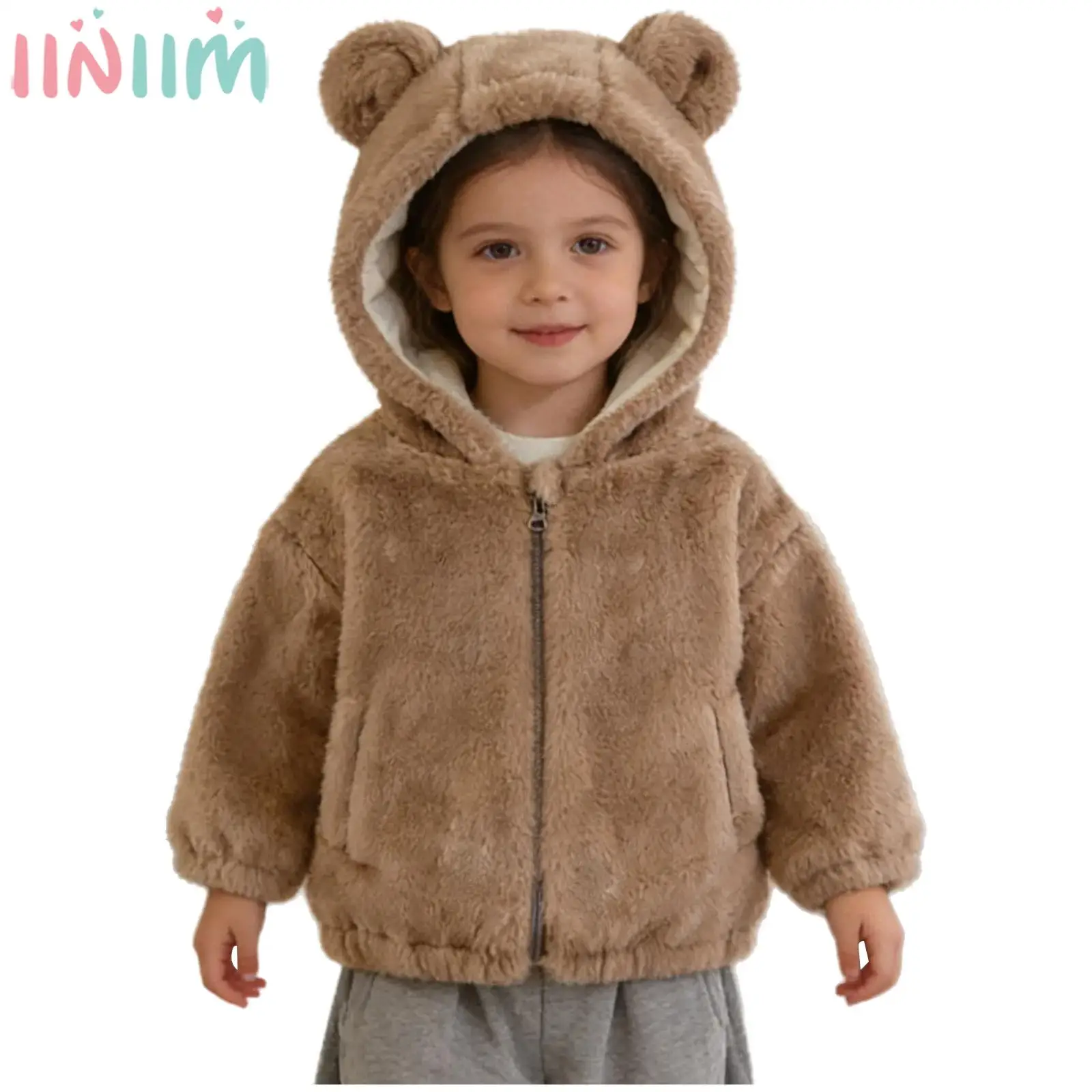 

Зимняя теплая флисовая куртка с капюшоном для маленьких девочек и мальчиков, верхняя одежда на молнии с длинными рукавами и медвежьими ушками, термозимний комбинезон, пальто для дома и улицы
