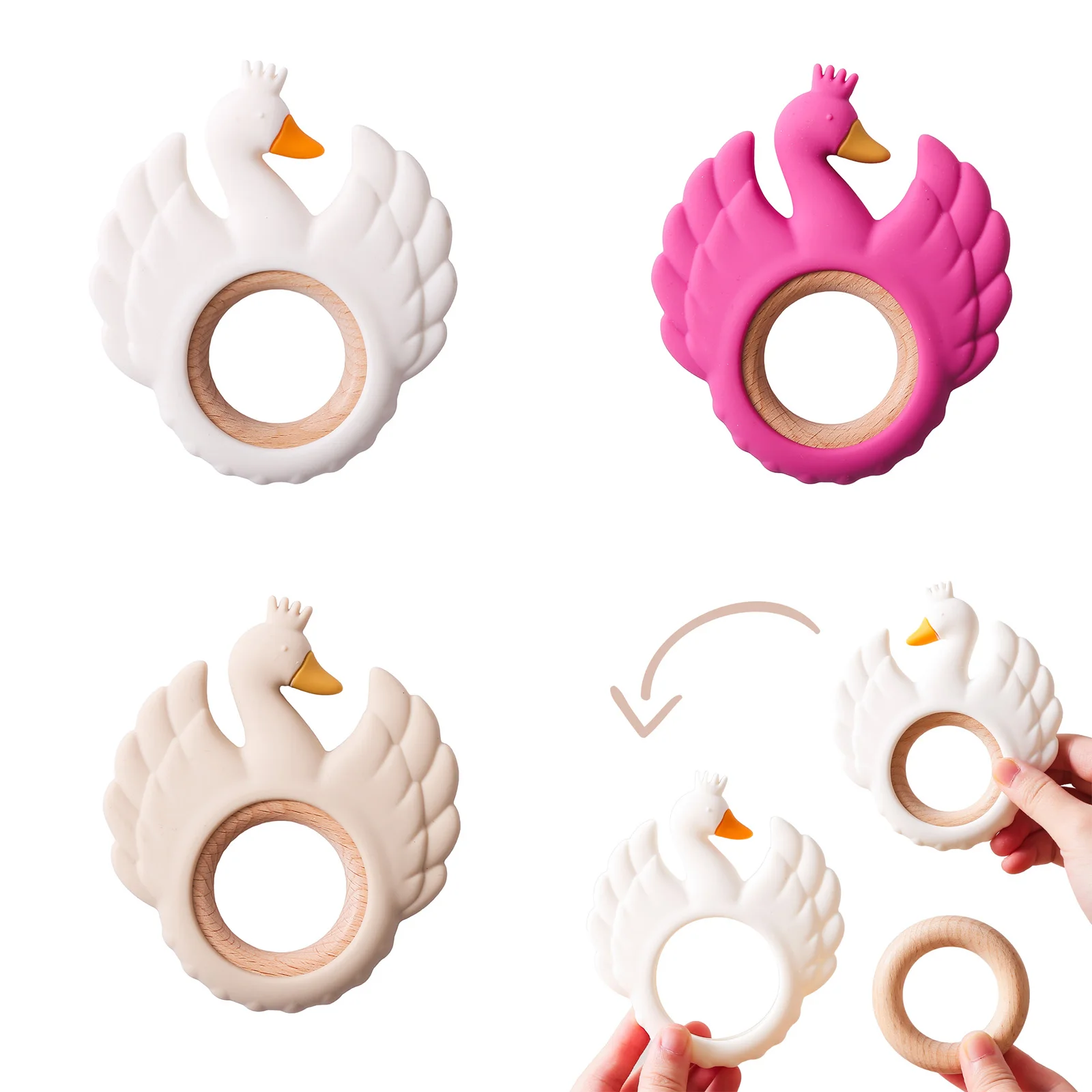 Baby Silicone Teether Toys BPA Free Silicone Swan Eagle Beech Wooden Bracelet Nursing Teething Food Grade Silicone Teether Toys