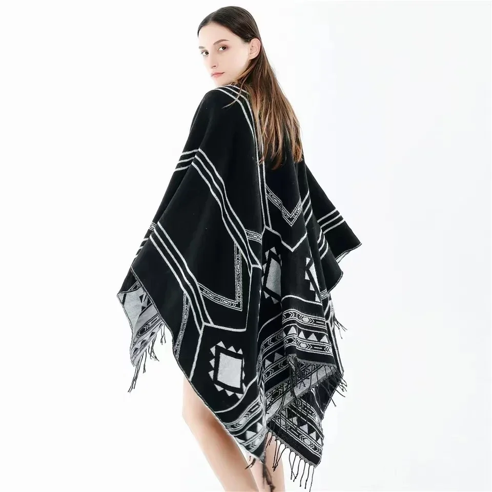 2025 Indo-Nepal Geometric-Tassel Split Poncho – Warm AC Shawl, Boho Cape for Women, 150 Chars
