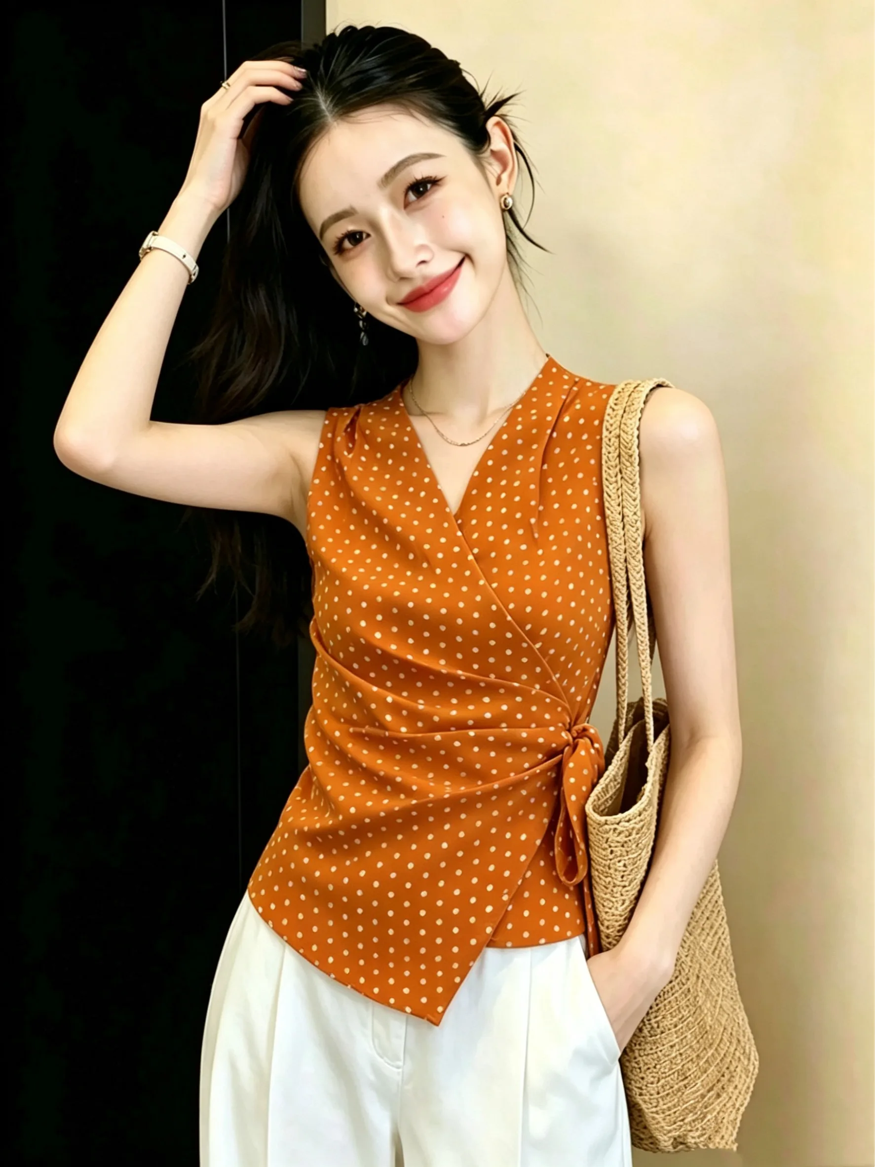 

Orange Red Polka Dot Asymmetrical Sleeveless V-Neck Shirt Women's Summer Fashion Korean Style Tie Waist Top Blouse