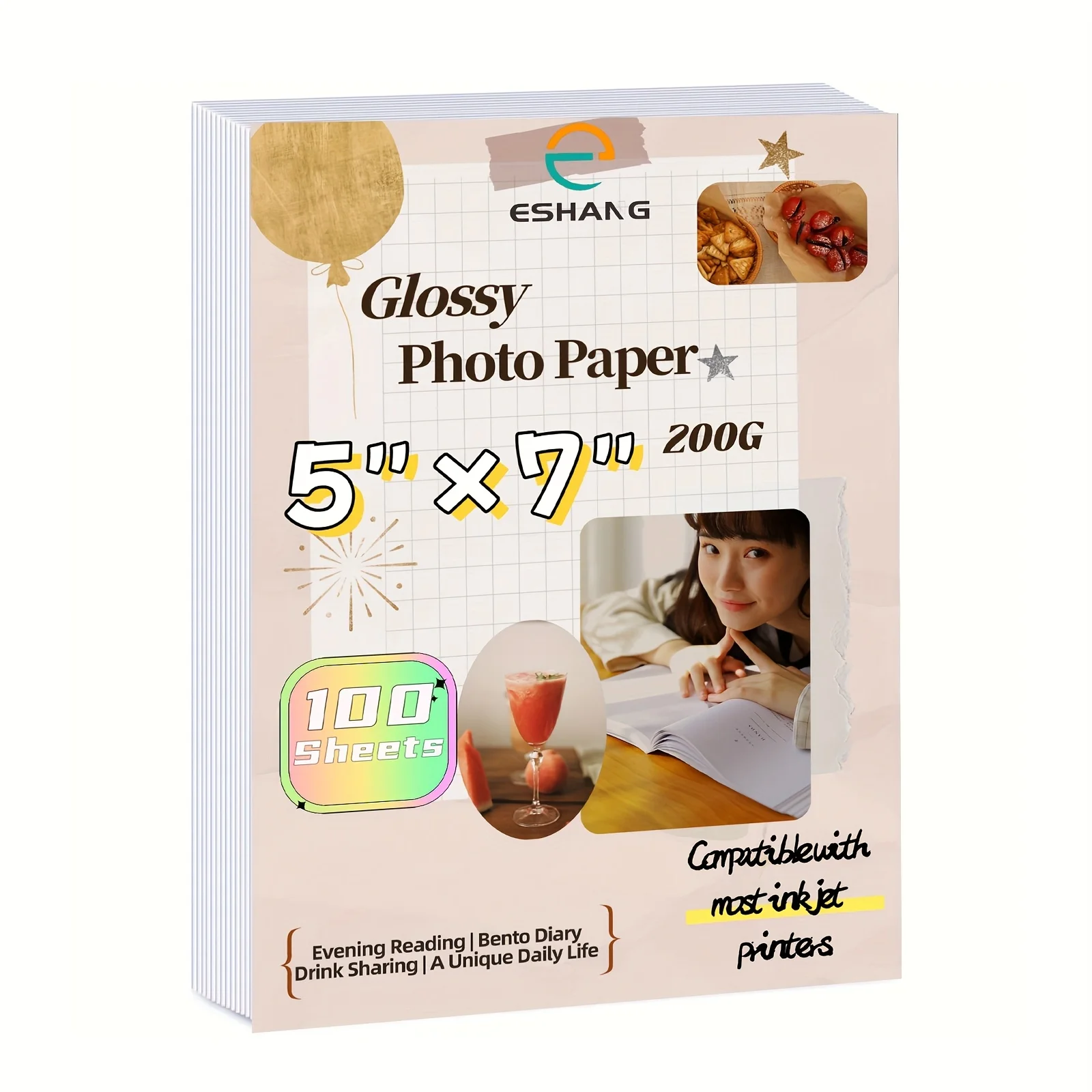 ESHANG 180G/200G Photo Paper 5×7 inch Size Glossy Photo Paper Paper for Inkjet Printer 100 Sheets