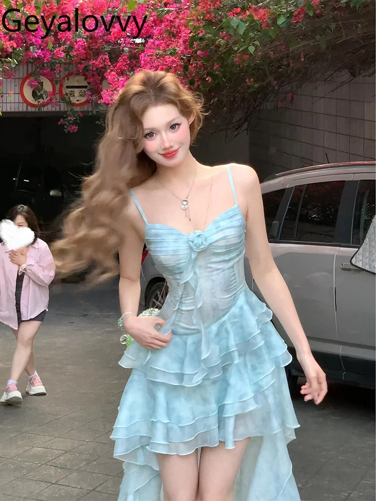 

Oversize Premium Ruffle Edge Irregular Blue Suspender Dress Sweet Girls Seaside Vacation High Waist Sleeveless Short Dresses
