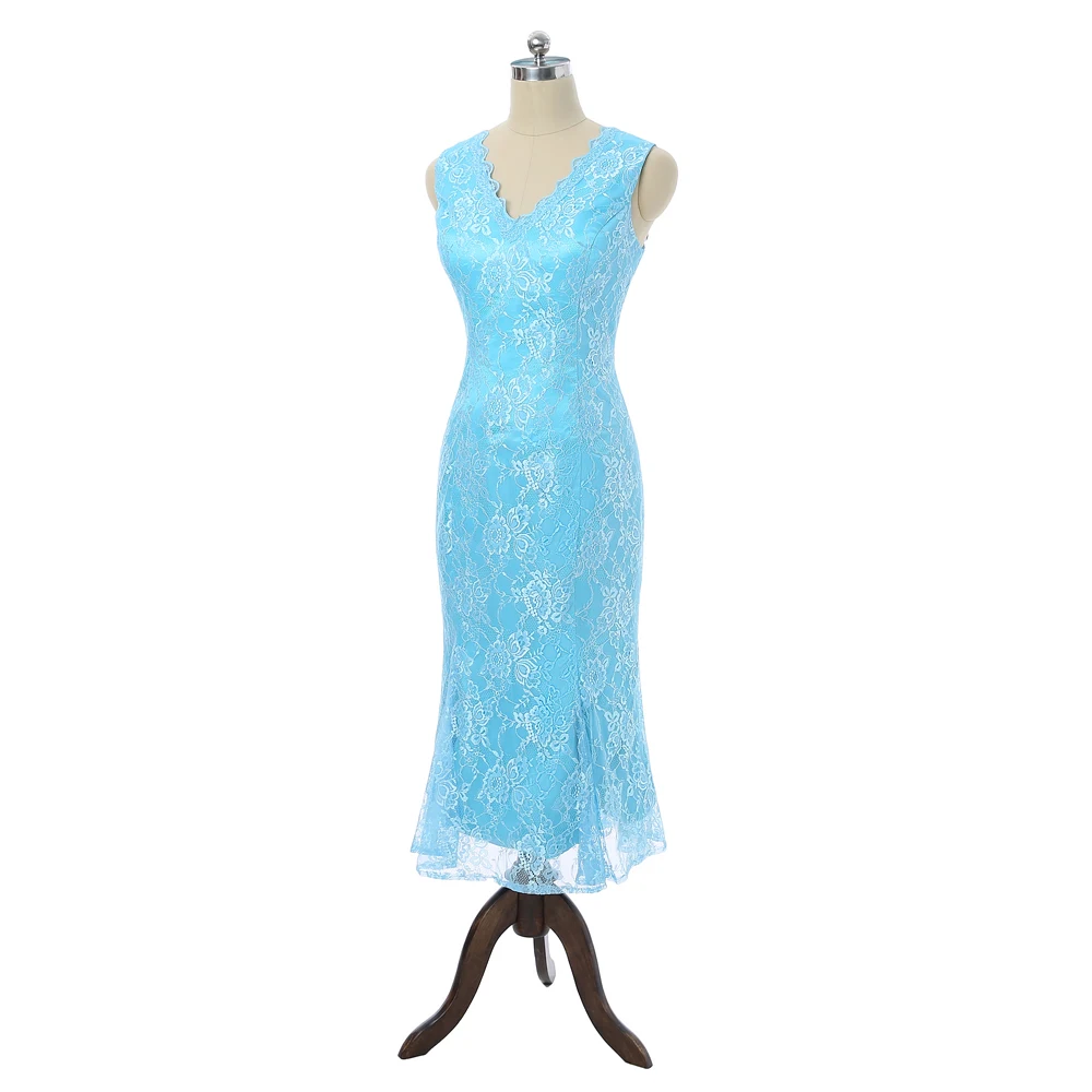 Sky Blue Mother Of The Bride Dresses Sheath V-neck Tea Length Lace With Jacket Plus Size Short Groom Mother Dresses For Wedding