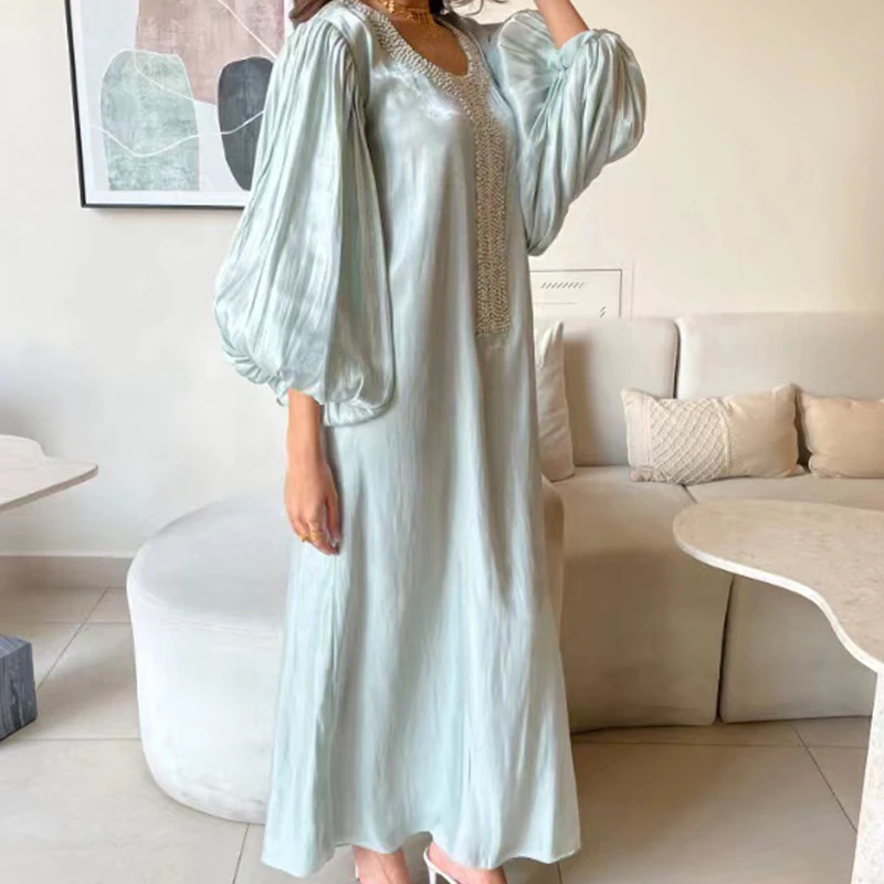 العرقية خمر الترتر الحرير مساء اللباس المرأة الربيع طاقم الرقبة المرقعة بوهو فستان طويل الخريف فانوس كم فضفاض ماكسي اللباس #2