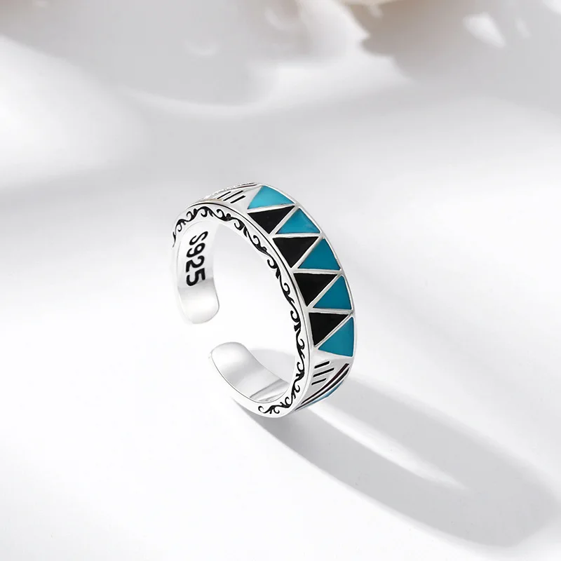 S925 Sterling Silver Triangular Women, Adjustable Open Ring With Geometric Pattern, Index Finger Jewelry
