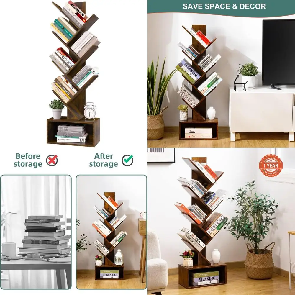 

Rustic 6-Tier Wooden Bookshelf - Tall Storage Unit for Media, Books, and Home Office, Brown