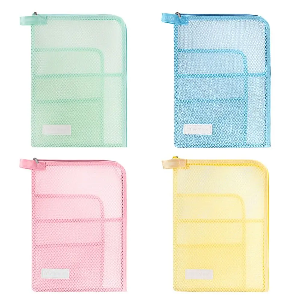 Multi Functional Mesh A4 File Folder L-shape Large Opening Dopamine Color File Bag Large Capacity Document Folder Gift