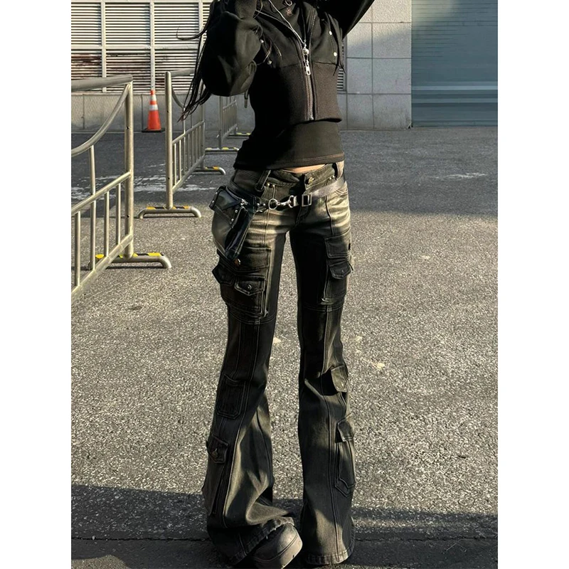 

SHECI черные джинсы-карго с низкой талией 2000-х годов, эластичные брюки-карго с несколькими карманами, женские уличные брюки в стиле ретро в стиле гранж