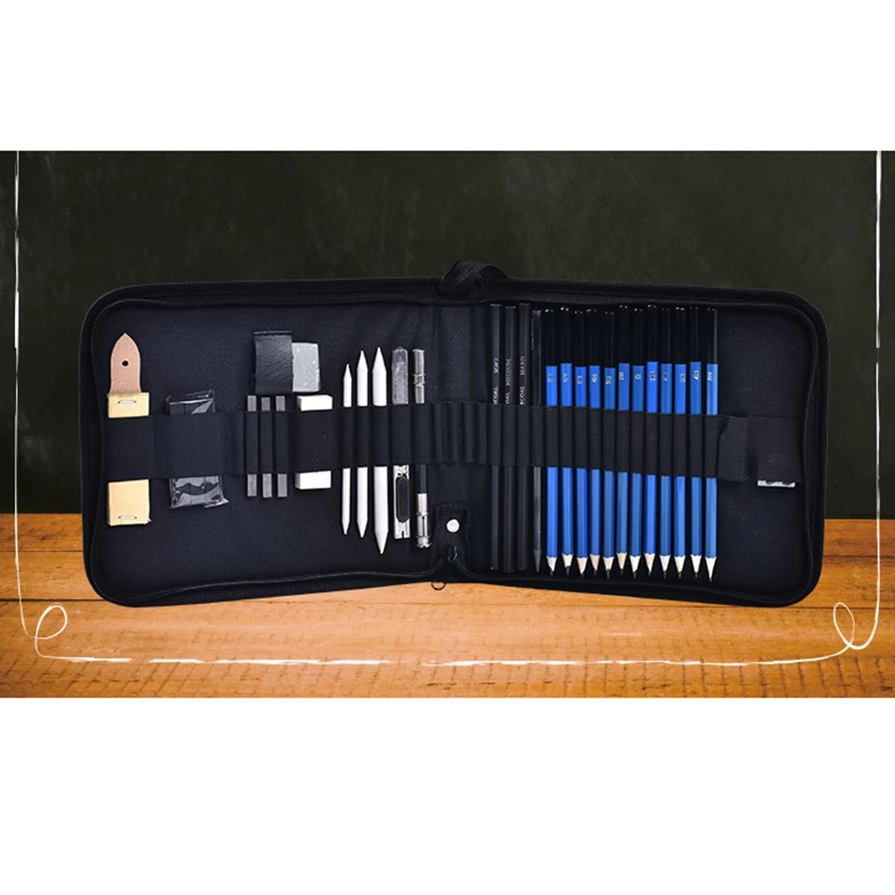 Set Kuas Sketsa Profesional Kit Pensil Pemula Tas Ritsleting Rangkaian Gambar dan