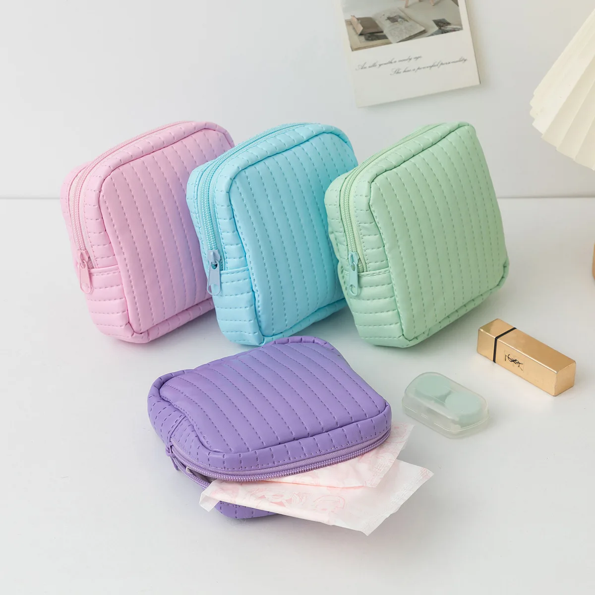 Candy Color Leather Sanitary Pad Pouch Women Small Cosmetic Organizer Bags Lipstick Data Cable Headphone Case Zipper Coin Purse