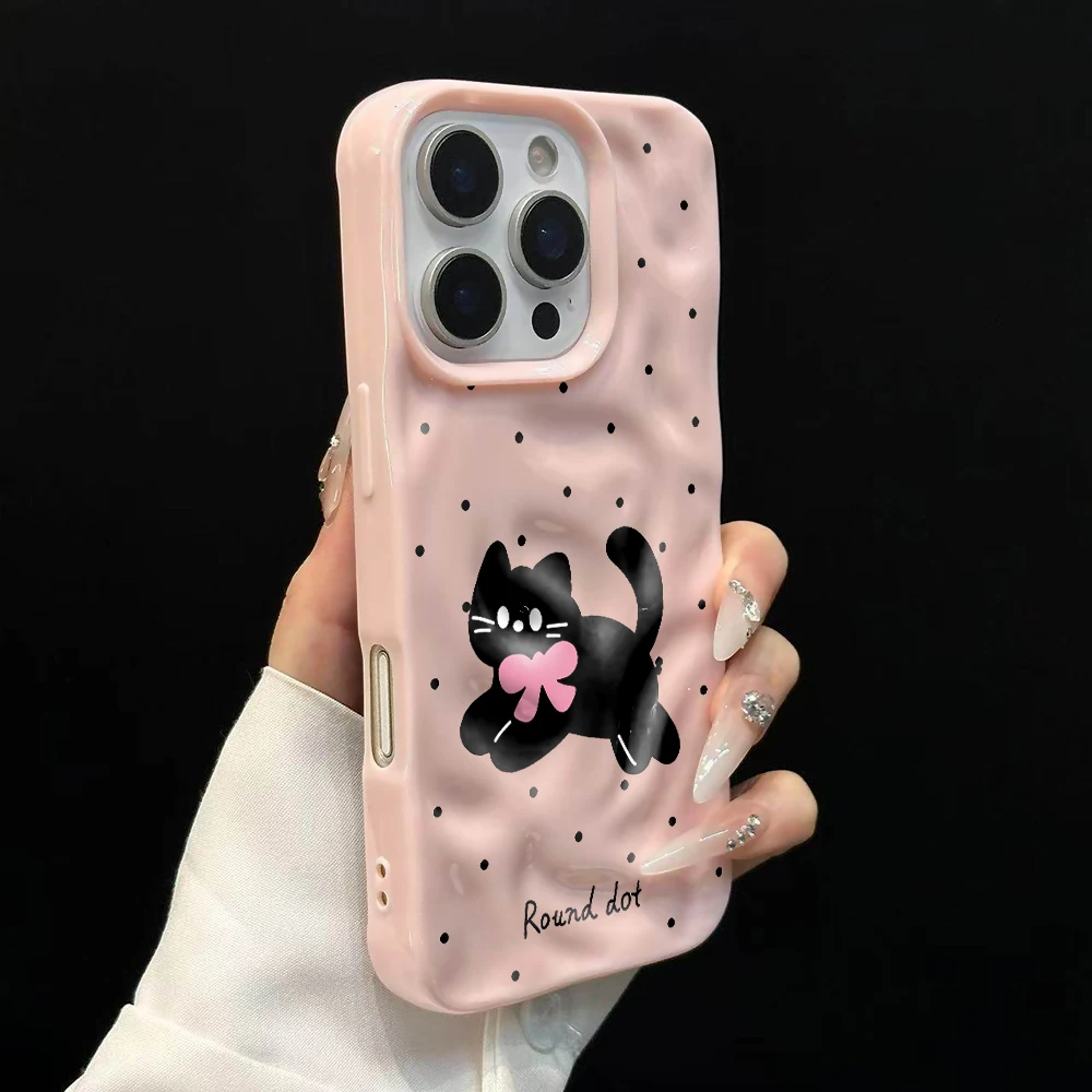 Polka Dot Niedliche Kätzchen-Druck Handyhülle für iPhone 17 16 15 14 13 12 11 Pro Max 14 Plus 17Air Falten-Wellen Weiche Silikonhülle – Detail 9