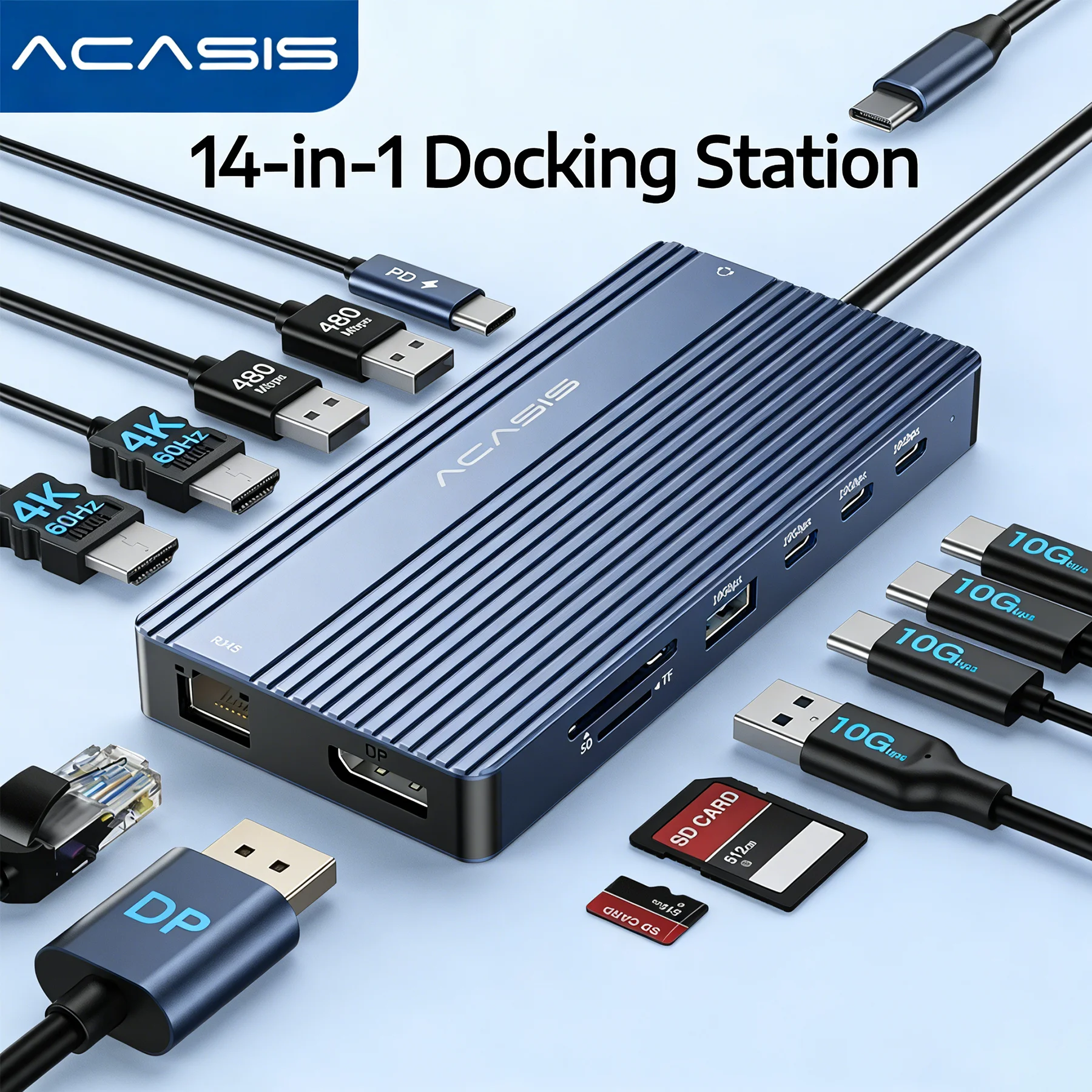 

Acasis USB HUB 14-in-1 USB-C to 4K 60Hz HDMI 1000Mbps 10Gbps SD/TF RJ45 PD for MacBook Dell Laptop Accessories Docking Statio