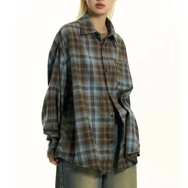 American Style Vintage Plaid Shirt Coats Women Spring Autumn New Preppy Turn-down Collar Panelled Long Sleeve Loose Casual Tops