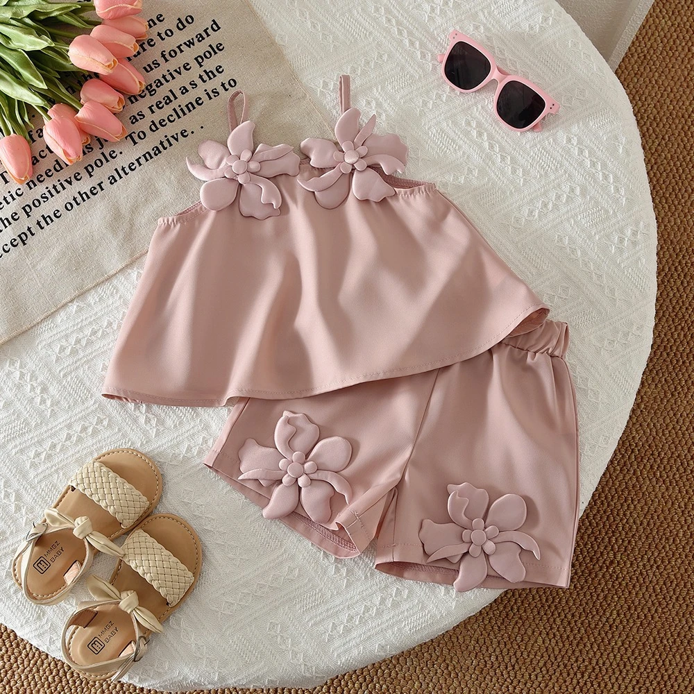 Korean Version Pink 0-2 Year Old Baby Girl Toddler Summer Casual Suit 3D Flower Suspender Top+shorts Two-piece Set