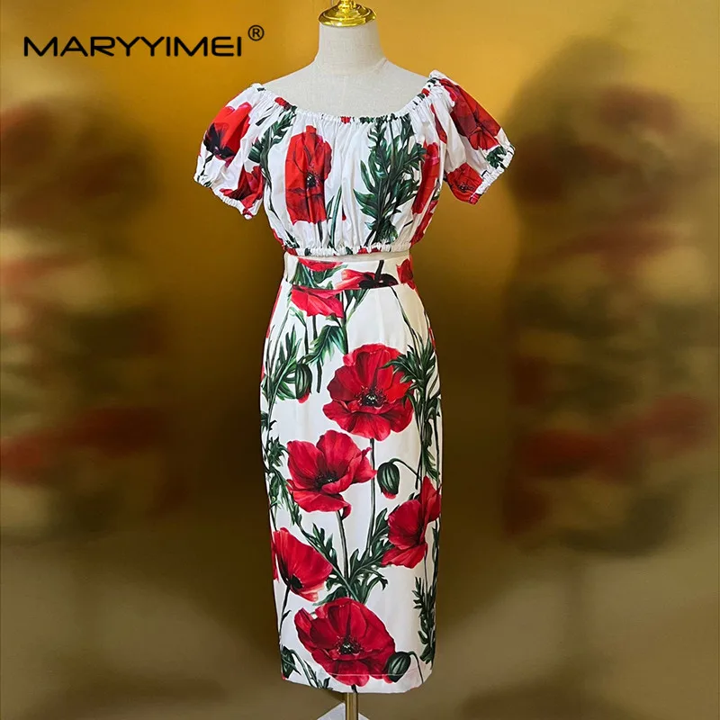 MARYYIMEI Fashion Designer Suit Summer Women\'s Spaghetti Strap Square Collar Carnation Print Top+Skirt 2 Pieces Set