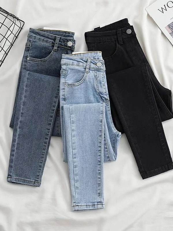 2024 새로운 탄성 청바지 여성의 간단한 슬리밍 펜슬 레깅스 블랙 슬림 피트 중반 허리 긴 바지 봄 여름