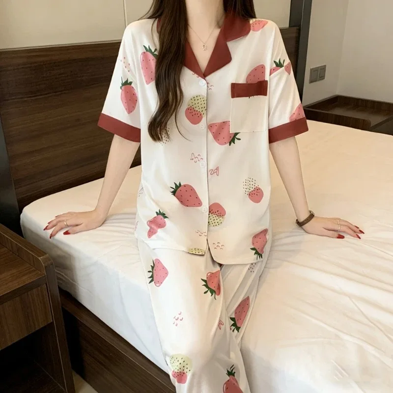 Summer New Short Sleeve 2 PCS Women's Pajama Sleepwear Pajamas Set Y2K Strawberry Print Soft Comfortable Loungewear Homewear