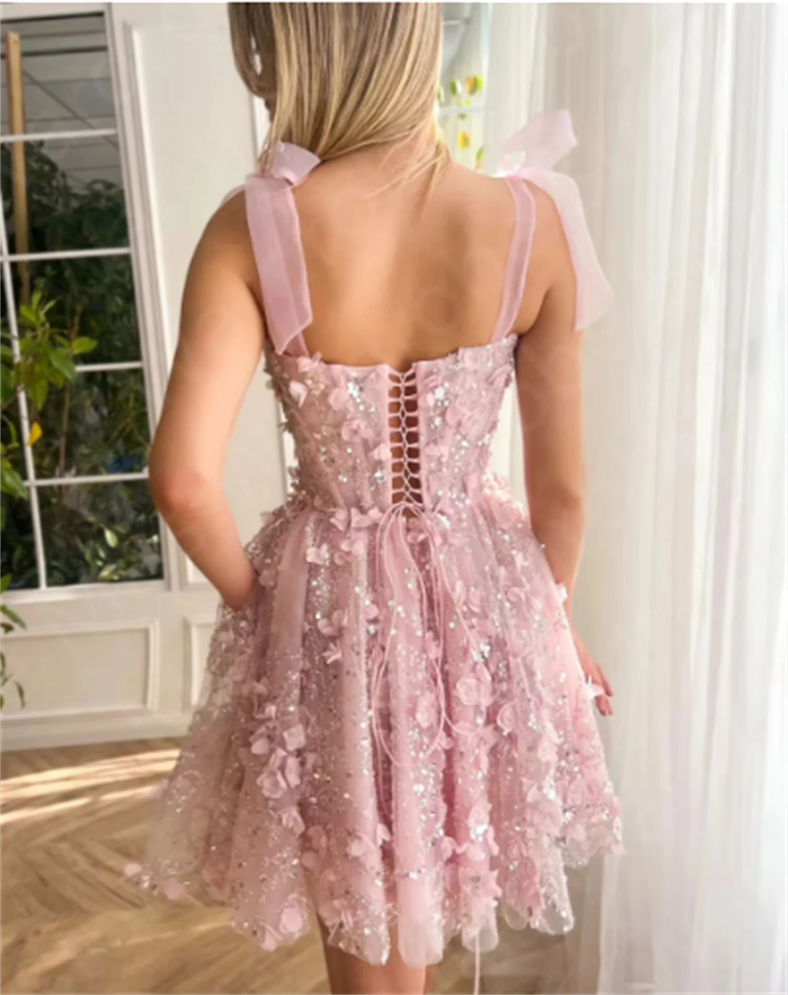 Pink 3D Floral Shiny Sequined Mini Homecoming Dress Spaghetti Strap Bow Straps A-Line Short Party Gown Puffy Tulle Cocktail Gown