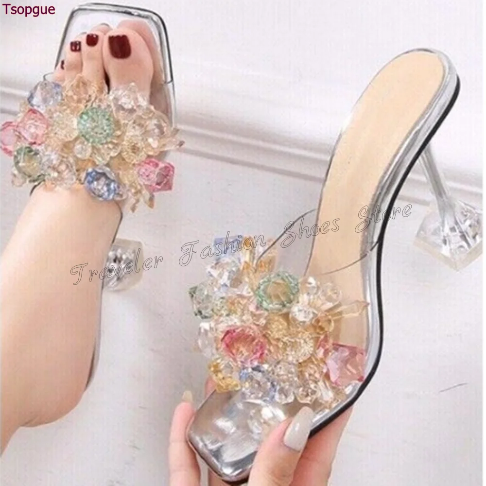 

PVC Crystal Square Toe Slippers Transparent Heel High Heel Shoes for Women Fashion Heels Party Shoes 2024 Zapatos Para Mujere