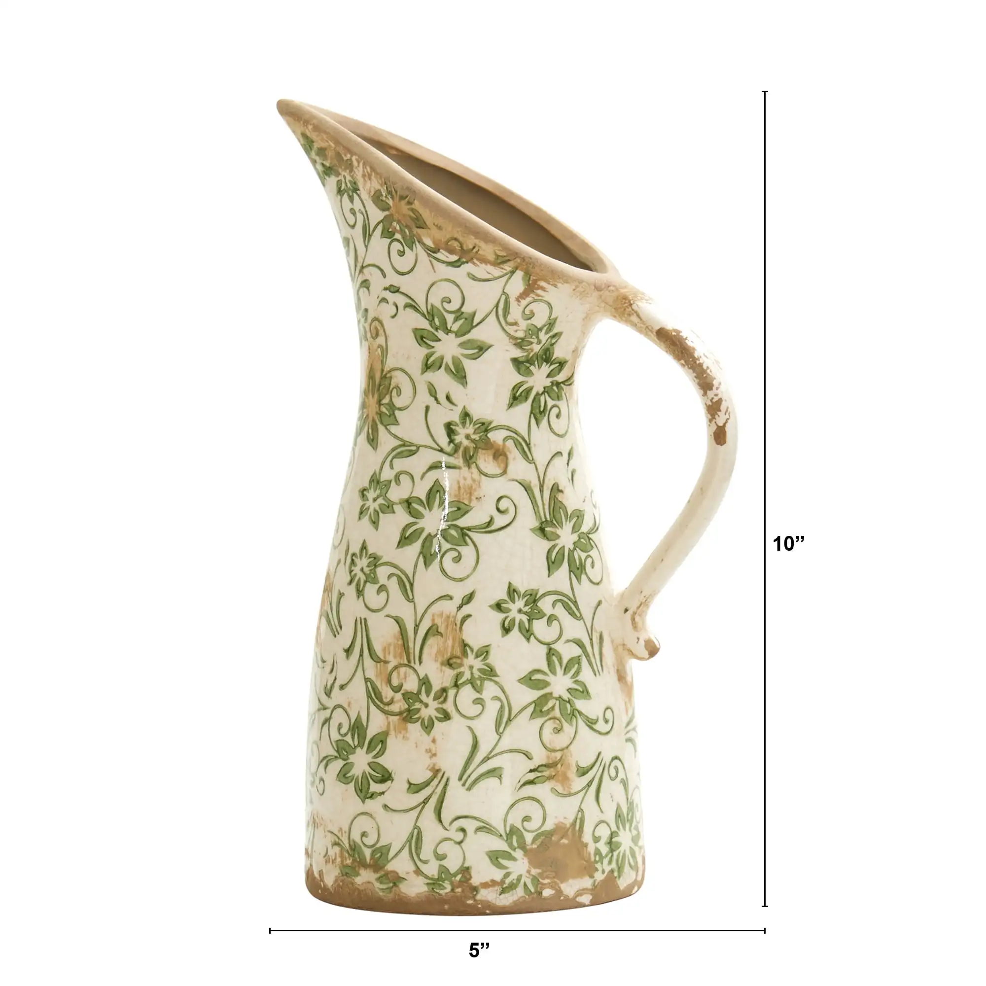 6.5in. Tuscan Ceramic Green Scroll Pitcher Vase