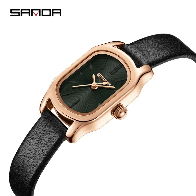 

SANDA 1104 Waterproof Genuine Watch New Womens Quartz Watch Casual Fashion Rose Gold Case Womens Watches Maroon Leather Strap