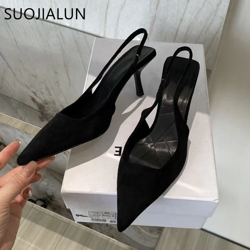 SUOJIALUN Spring New Brand Poined Toe Women Sandal Fashion Thin High Heel Ladies Elegant Dress Pumps Shoes Female Slingback Mule