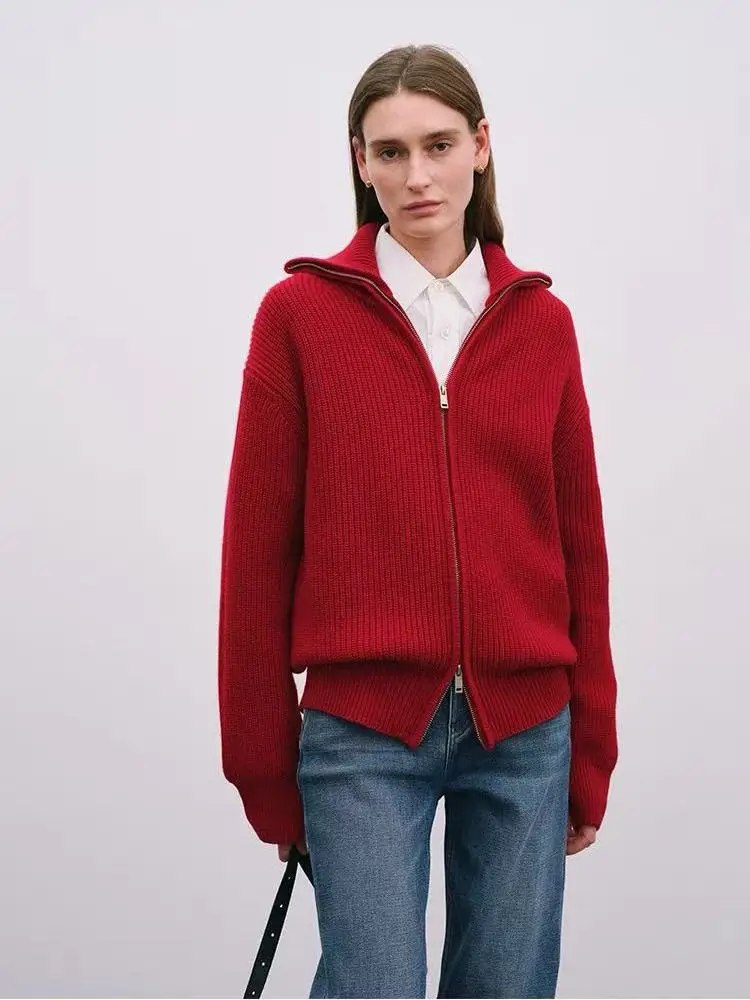 

Роскошный расслабляющий кардиган из толстого кашемира крупной вязки для женщин, свободный крой, ленивый стиль, длинный рукав, высокий воротник, теплый вязаный свитер