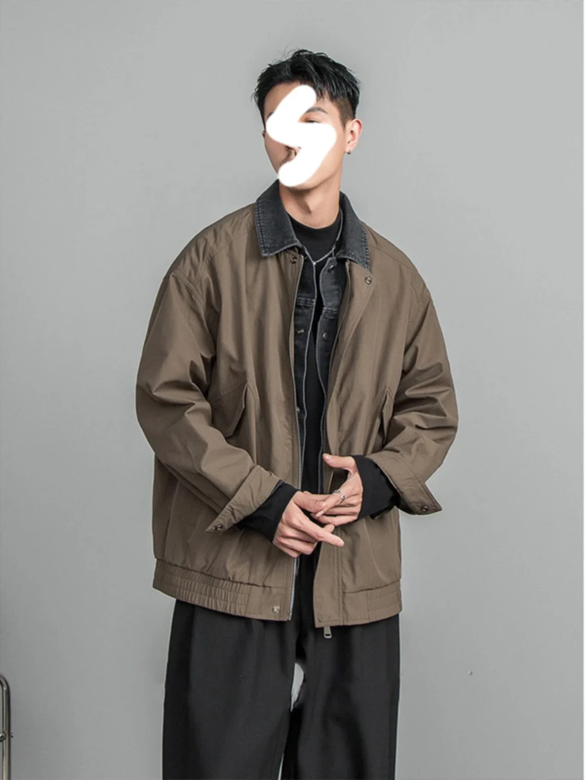 

Men's Denim Patchwork Flight Jaet Autumn Winter Waterproof Casual Top Trendy False Two-Piece Outerwear Loose Fit Polyester