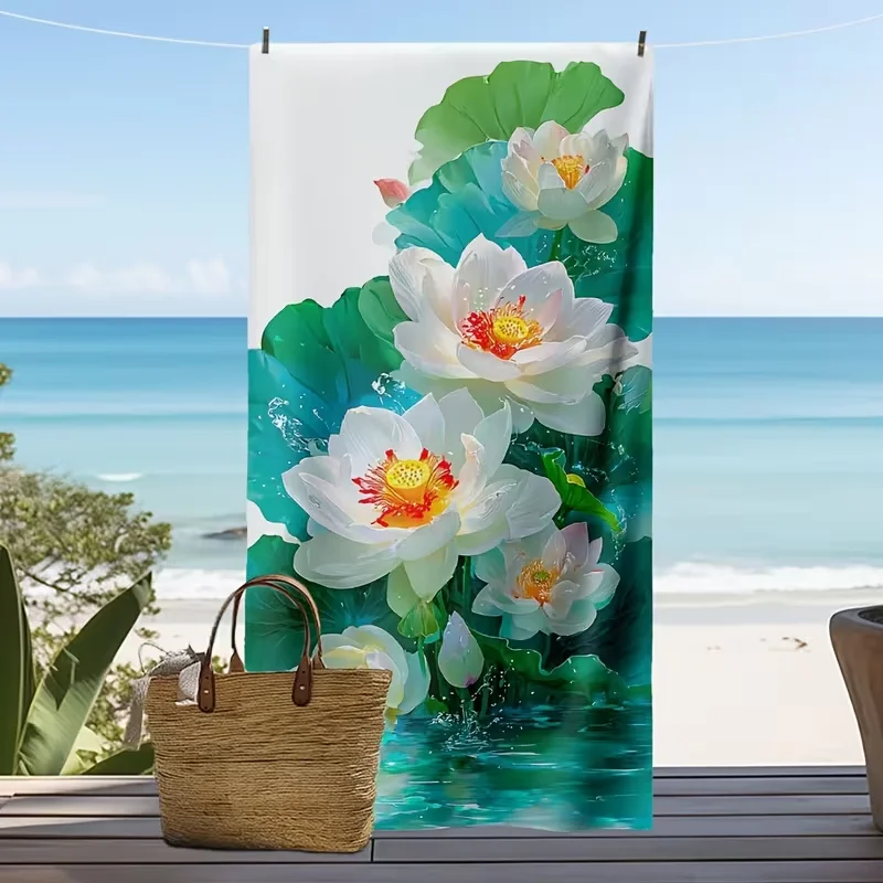Vibrant Lotus Flower Print Beach Towel Quick Dry Lightweight Absorbent Elegant Water Lily Green Leaf Design for Summer Beach