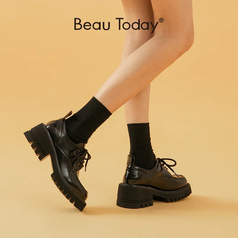 

BeauToday Casual Shoes Platform Women Genuine Cow Leather Round Toe Lace Up Ladies Derby Shoes Handmade 21837