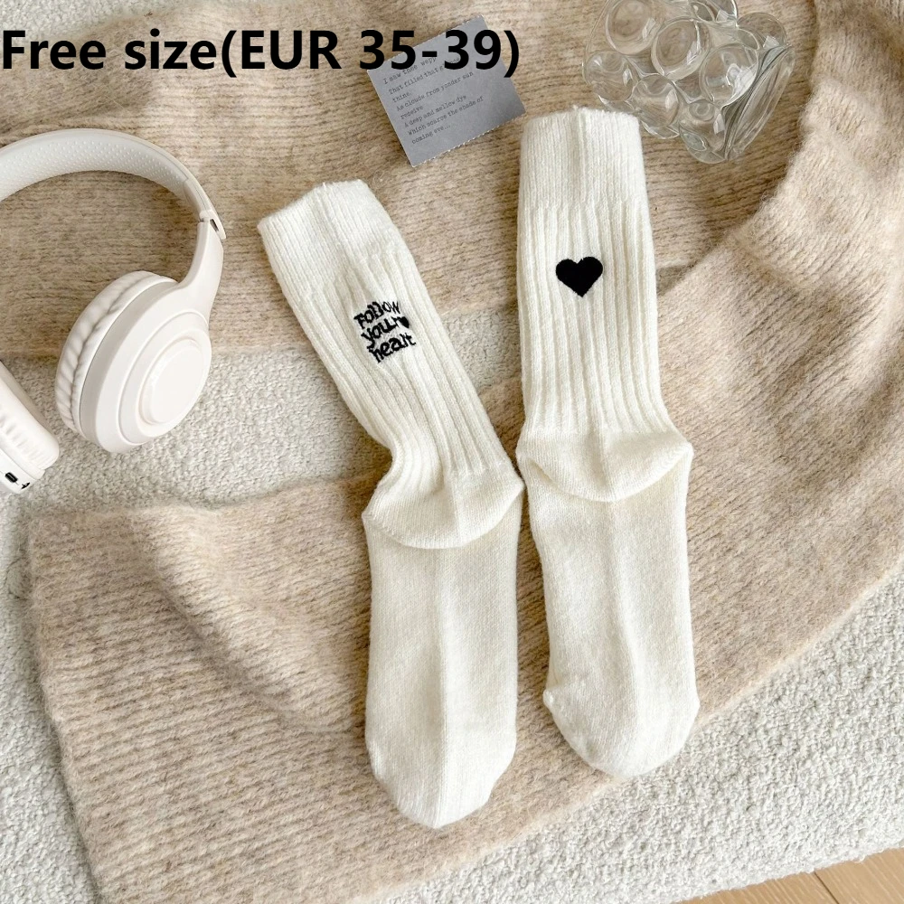 New Embroidered Letter Mid-Tube Socks Keep Warm Middle Tube Snow Boot Socks Thickening Solid Color Knitted Socks Autumn