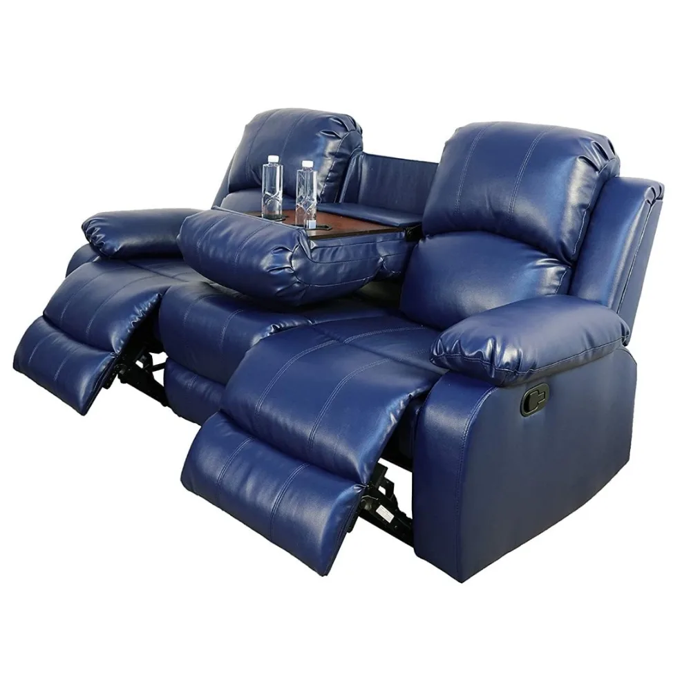 fauteuil Lederen fauteuil slaapbank met 2 bekerhouderconsole, lederen woonkamermeubelset, muurhugger 3-zits verstelbare bank,