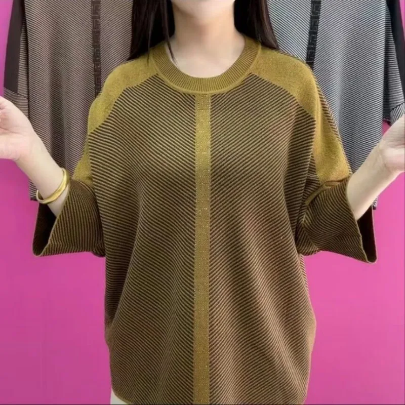 

Вязаный трехточечный повседневный повседневный 2022, универсальный новый полосатый свободный пуловер с круглым вырезом, модный свитер