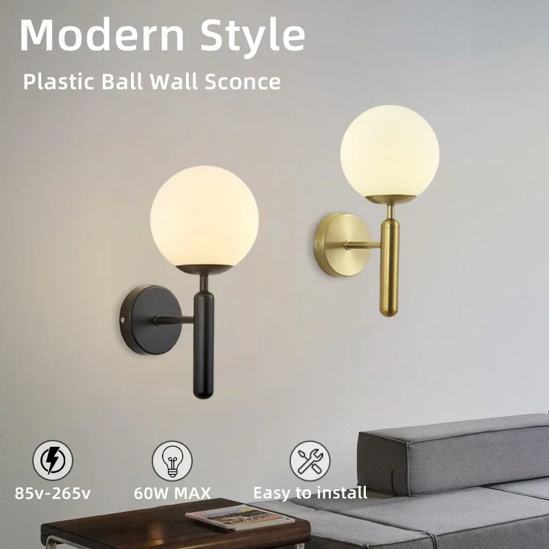 Cremeweiße Kunststoff-Wandleuchte in Kugelform, schmiedeeiserne Wandleuchte, schwarz/goldene Wandleuchte, geeignet für Flure, Treppen, Schlafzimmer