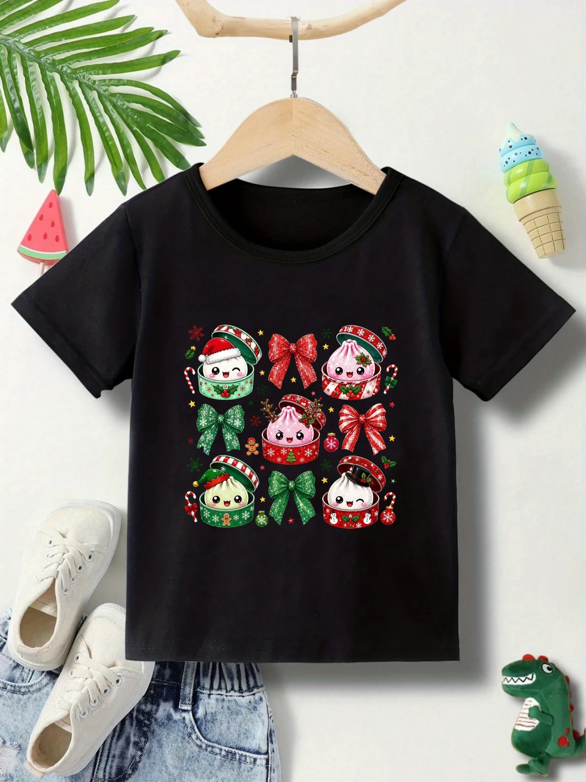 Kids Christmas Dumpling T‑Shirt, Cute Cartoon Bao Buns Xmas Box Gingerbread Man Tree Graphic Print Tshirt Boys/Girls Tops Gift