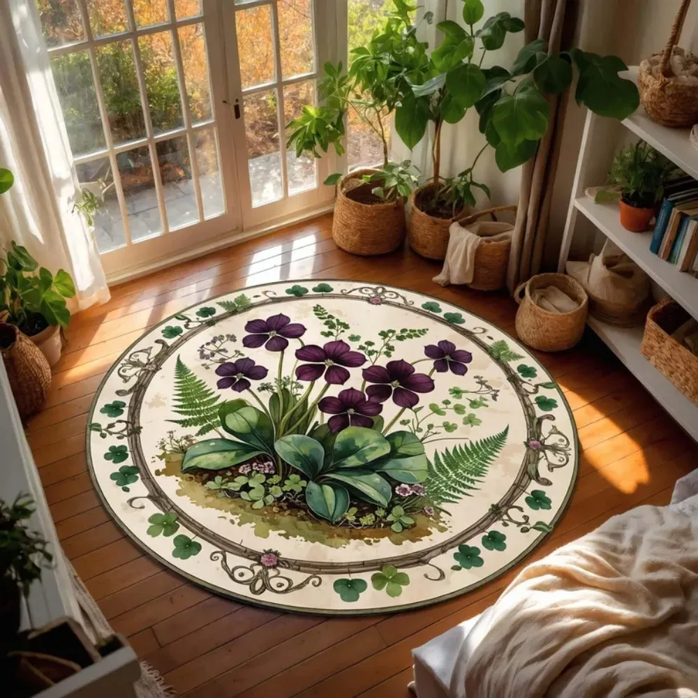 Alfombra Redonda Botánica Oxalis, Alfombra con Diseño de Trébol y Trébol Morado para Amantes de las Plantas, Alfombra Decorativa Botánica para Rincón de Lectura o Solárium