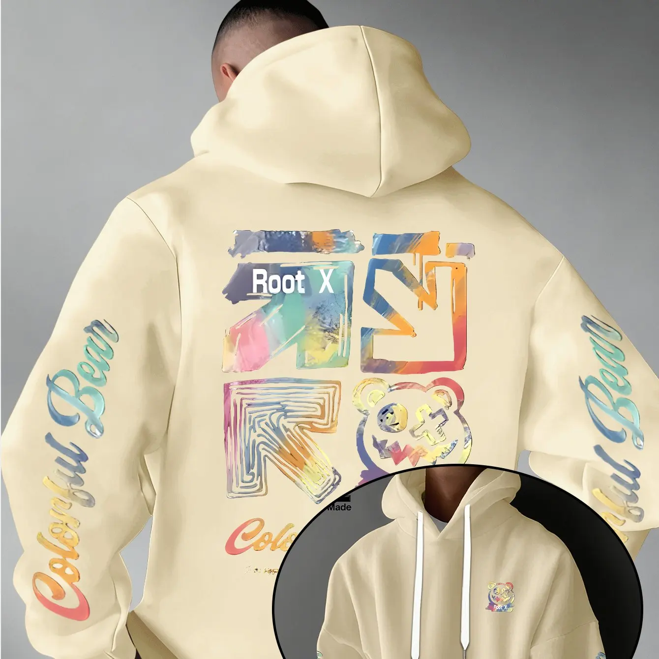 Herren Dicker Warmer Hoodie mit Regenbogen-Graffiti-Print, Root X Bear Bunter Bären-Ärmel Textdruck, Urbaner Street-Style Alltags-Pullover – Detail 6