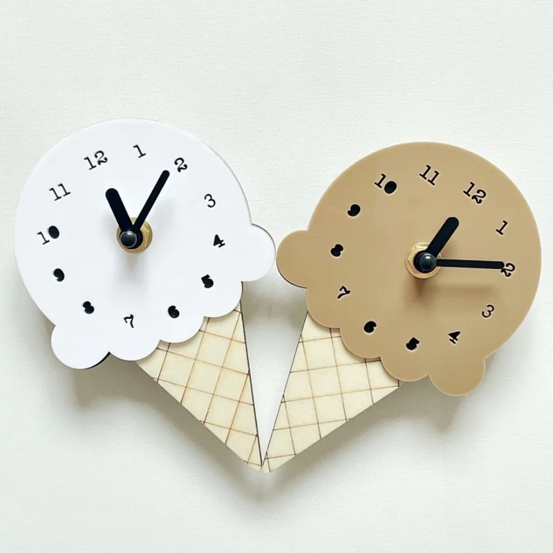 INS Nordic Wooden Ice Cream Wall Clock Wood Silent Mute Clocks Kids Room Decoration Ornament Nursery Decor Furniture Photo Props
