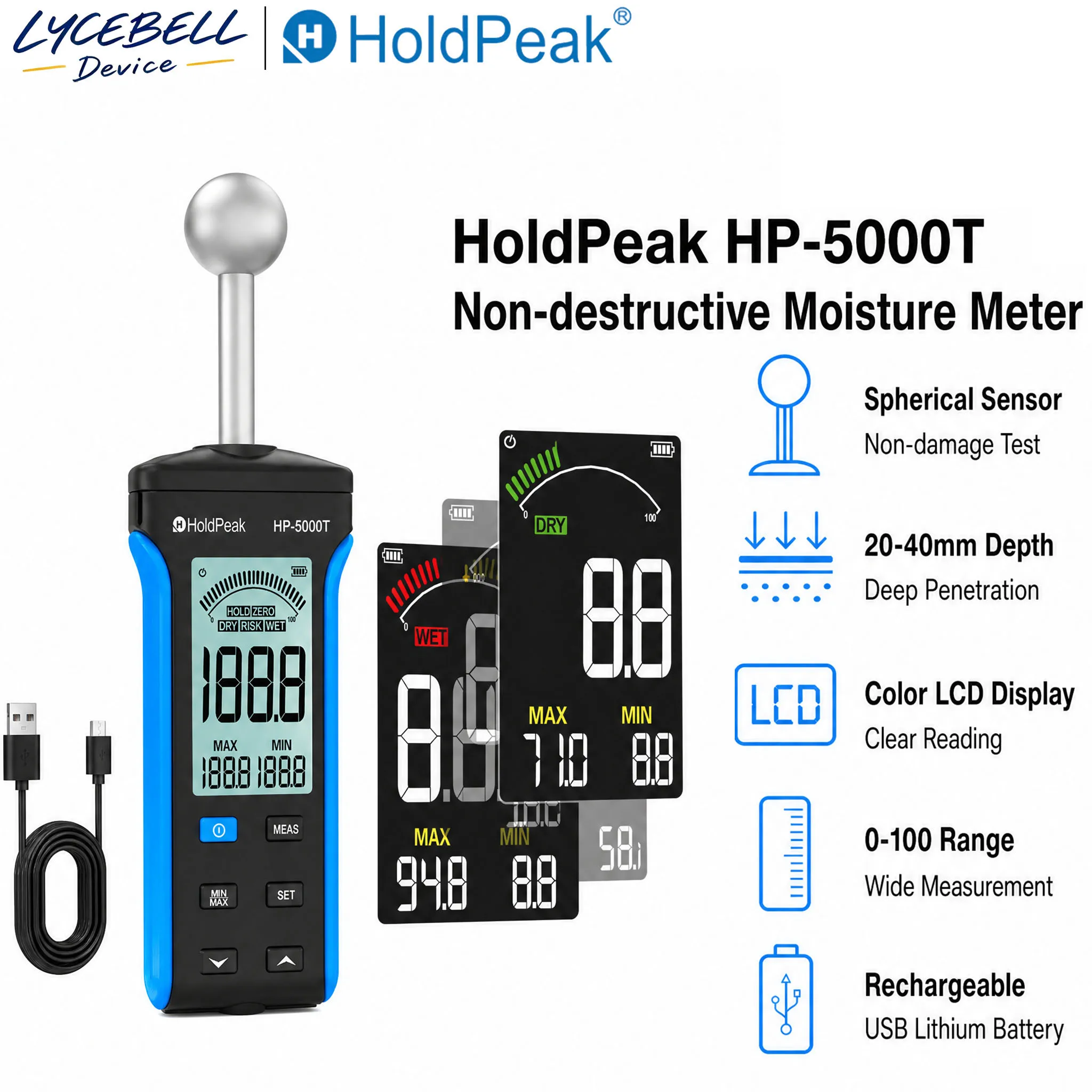 Pinless Non-destructive Moisture Meter for Concrete Wood Wall Building Materials Dampness Tester Humidity Detector, Color Screen