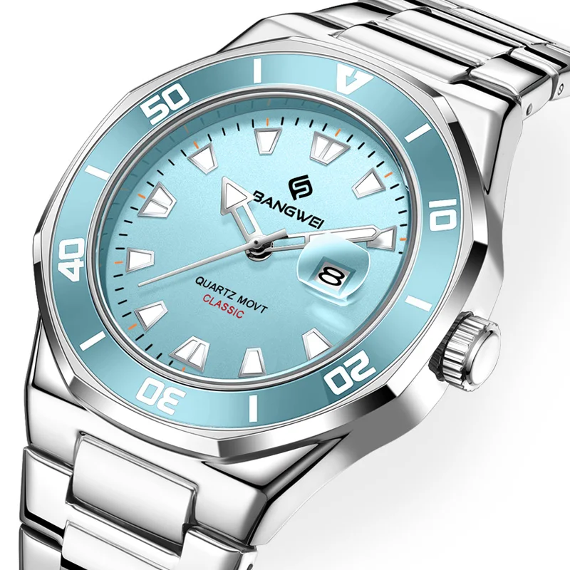 

BANGWEI деловые мужские часы с датой, водонепроницаемые светящиеся роскошные мужские наручные часы, спортивные мужские кварцевые часы из нержавеющей стали, мужские
