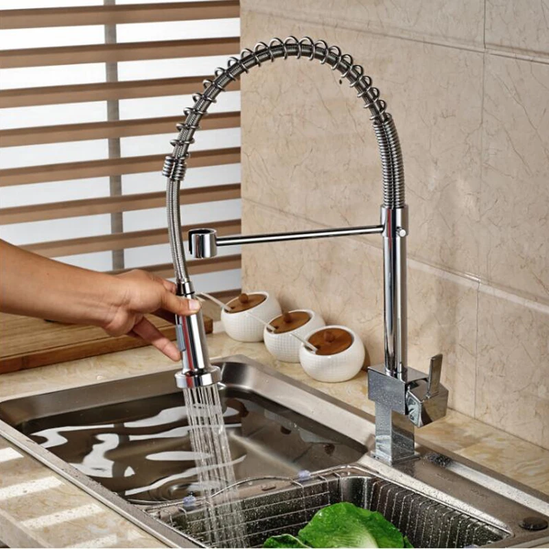 kitchen  basin brass square spring faucet, pull out basin faucet hot and cold water mixer tap deck mounted a faucet