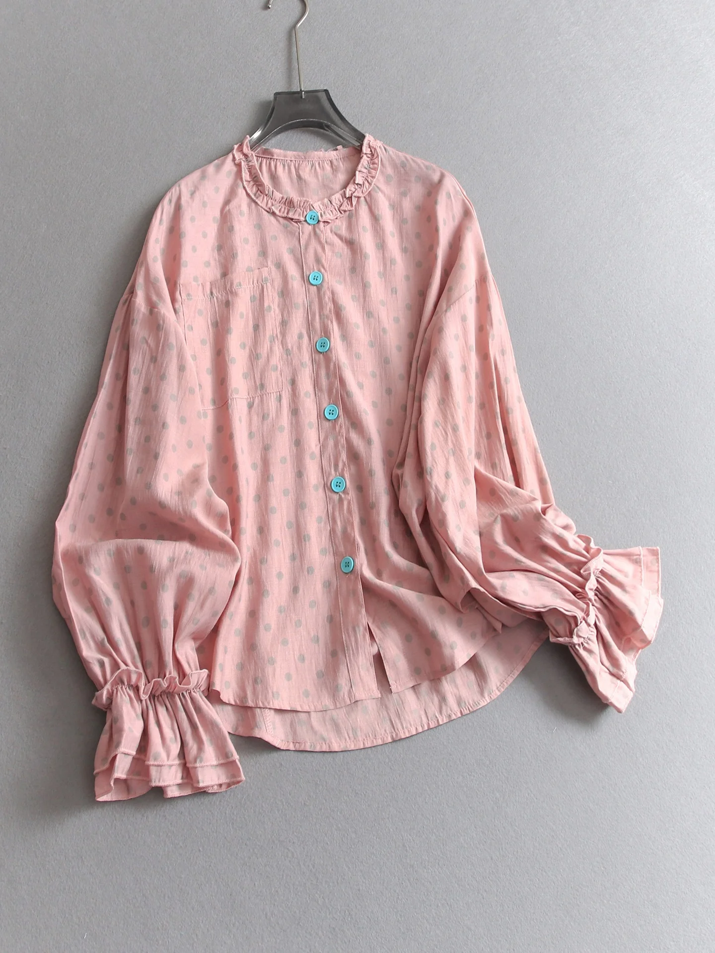 

Summer New Style Loose Fit Long Sleeve round Neck Polka Dot Shirt Women's Casual Fashion Breathable Polyester Fiber Blouse