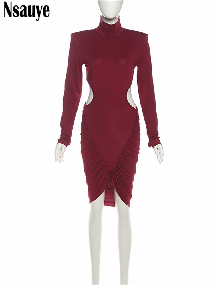 Nsauye Women Long Sleeve Sexy Turtleneck Night Club Evening Party Ruched Dress Pullover Cut Out Elegant Fashion Mini Dress 2025