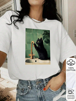 Retro Cat T-shirt Women's Loose Oversize Cotton Breathable All-match Casual Black Cat Faucet Green Plant Short-sleeved Top