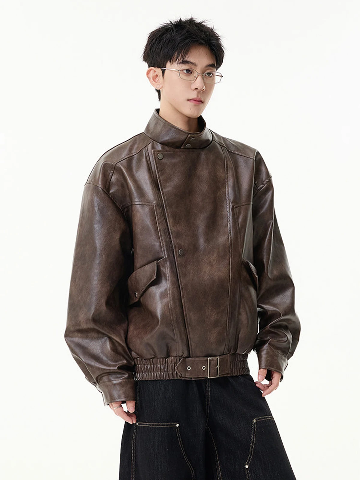 

Retro Sle Men's Biker Jaet PU Leather Coat with Aged Effect Stand Collar Loose Fit for Autumn Winter Faionable Brand