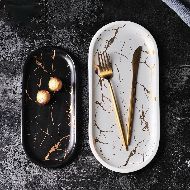 

Nordic Marbled Ceramic Oval Plate Western Dish Dessert Plate Jewelry Storage Tray Tableware Accessories Sushi Seafood Dish