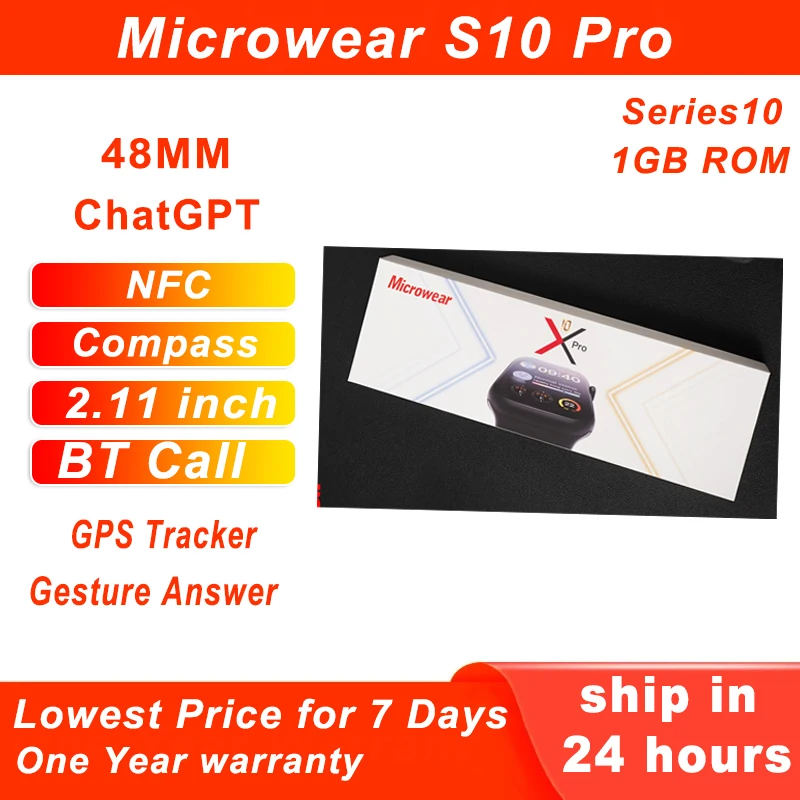 Microwear S10 Pro Smart Watch X Series 10 1GB ROM 48mm Gesture ChatGPT NFC Compass GPS Tracker Sport Smartwatch Women Men