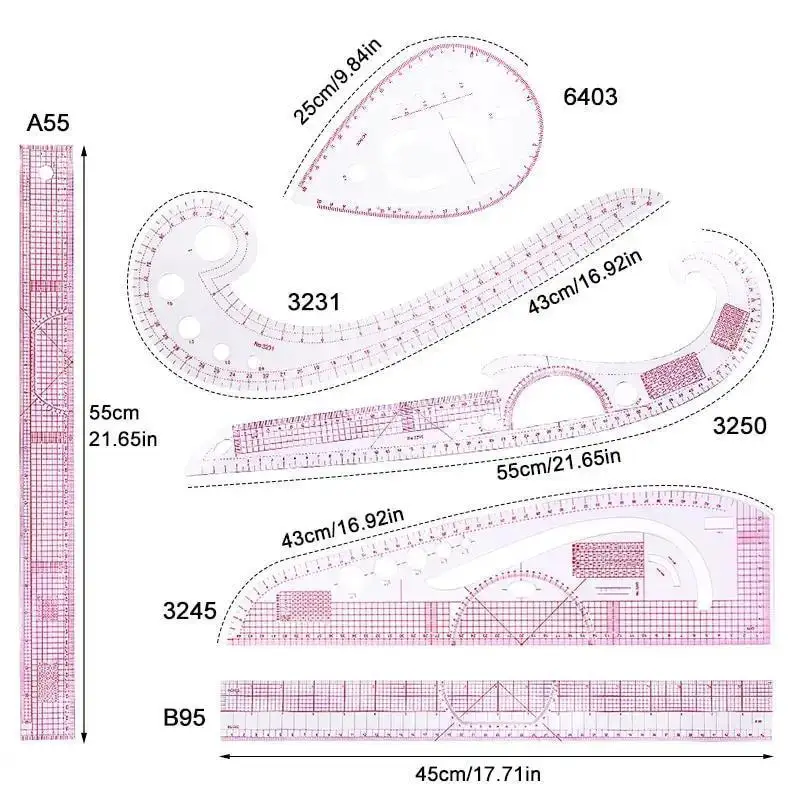 6PCS Sewing Ruler Set French Curve Ruler Flexible Tailoring Template Dressmaking Pattern Drafting DIY Sewing Tool Accessories