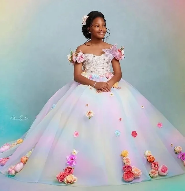 

African Flower Girl Dresses Ball Gown Off The Shoulder Pearls Baby Little Girl Peageant Dress Gowns For Black Girls Customized