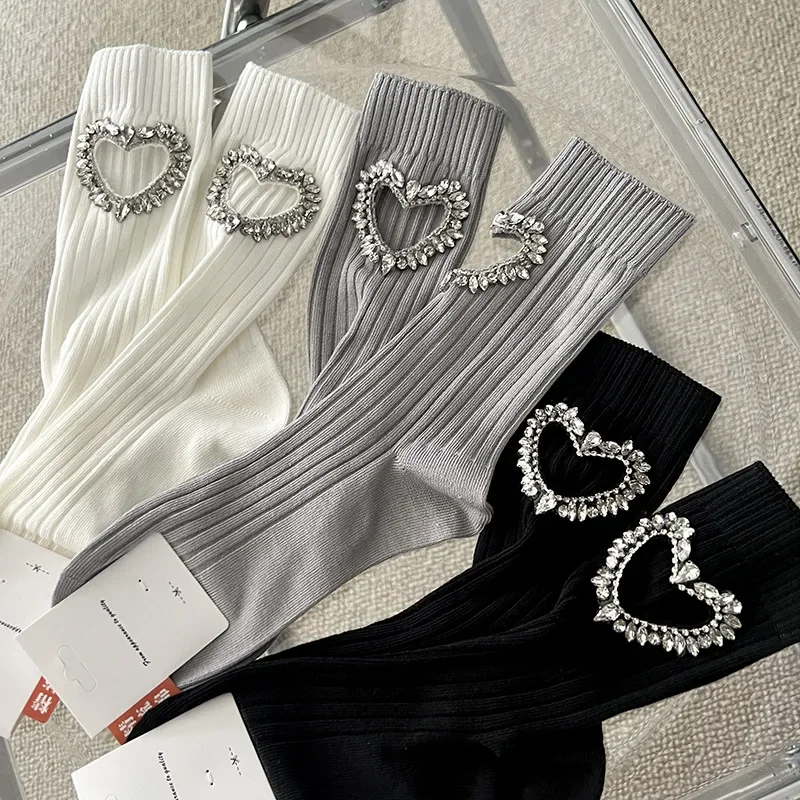 3Pairs of Luxury Decorative Hot Diamond Hollow Love Spring and Summer Thin Women's Cotton Socks